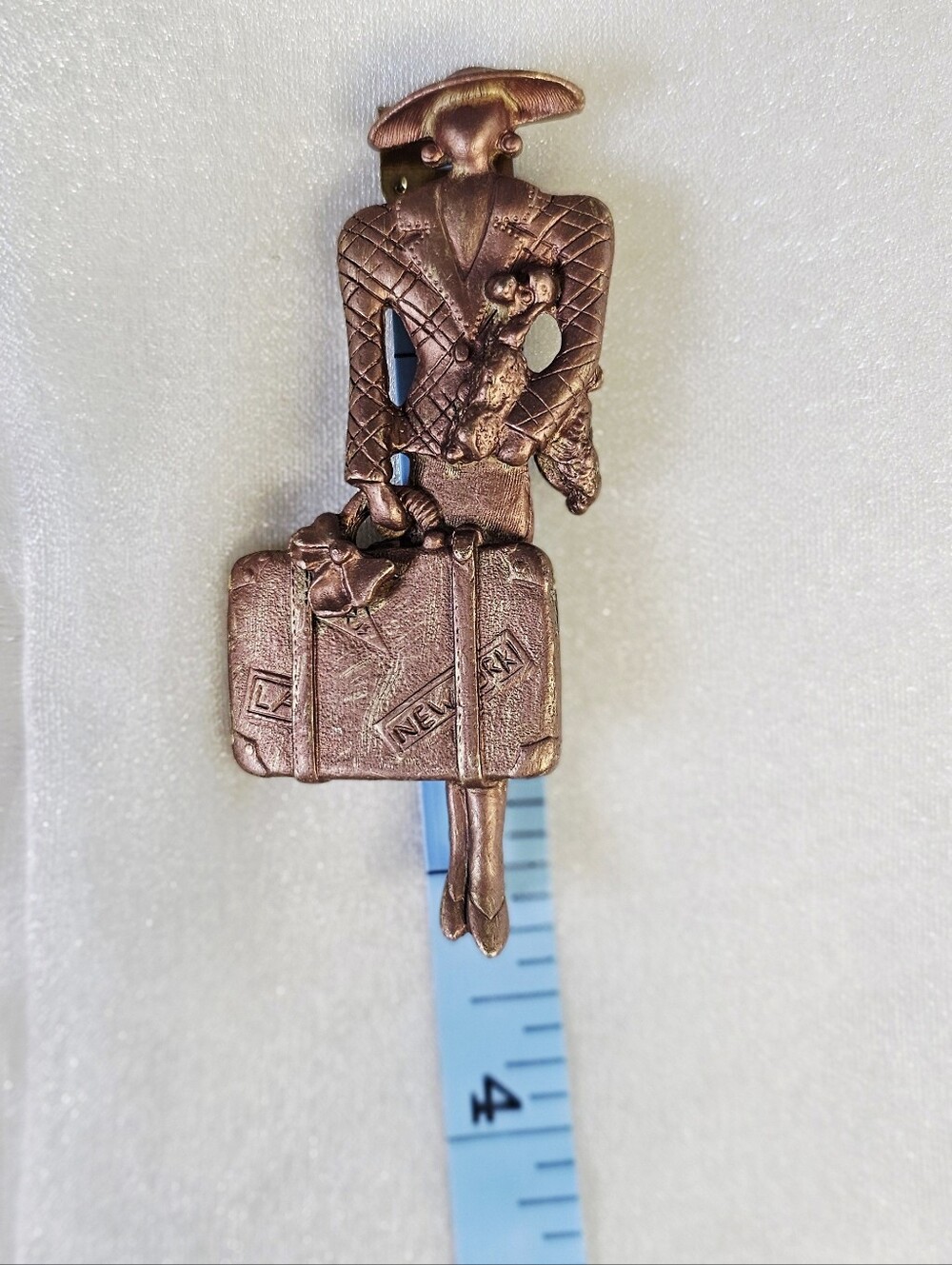 Vintage Copper Tone Traveling Lady Brooch Pin w/ Poodle Dog NY LA Suitcase